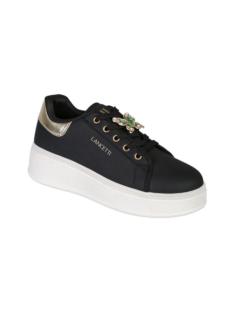 Sneakers donna gioiello in ecopelle con platform - nero