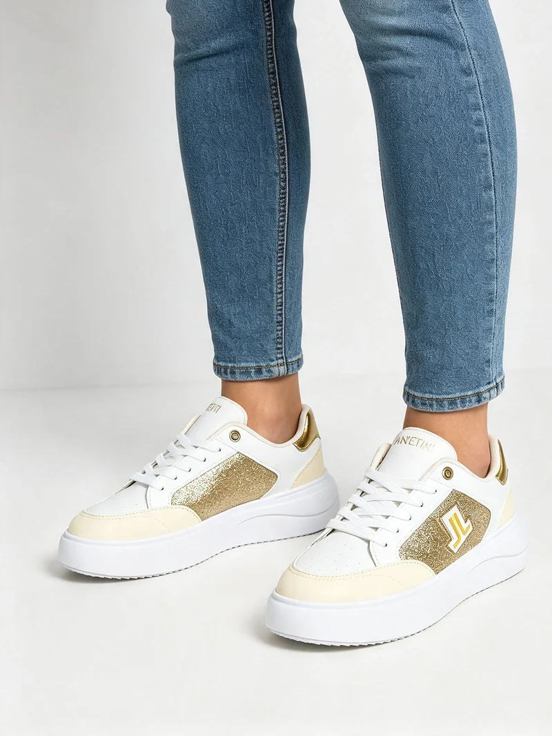 Sneakers donna stringate con dettagli glitter - oro