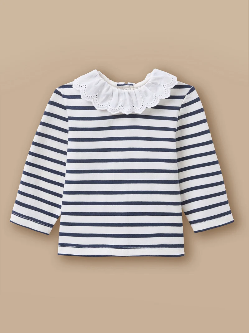 Baby-Ringelshirt mit Kragen aus Broderie Anglaise