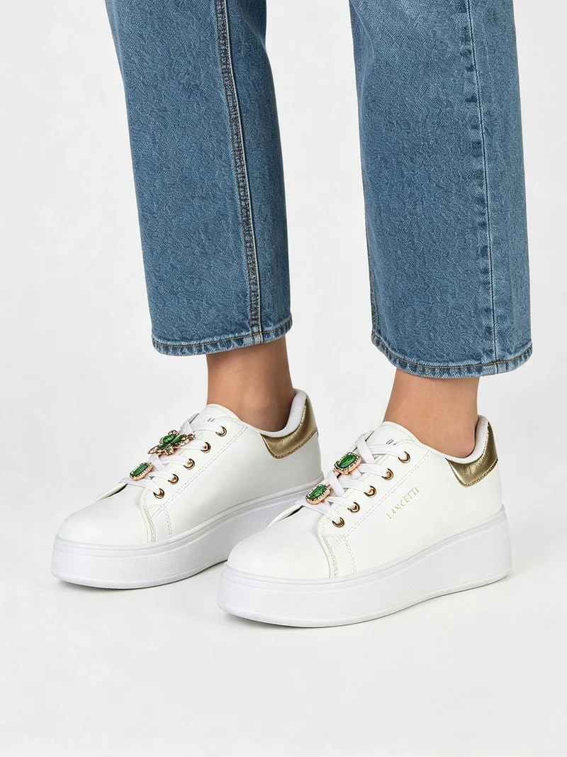 Sneakers donna gioiello in ecopelle con platform - bianco