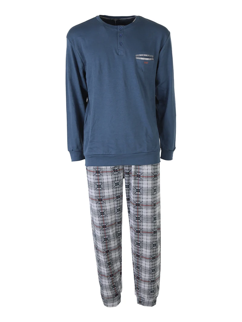 Pigiama lungo da uomo in cotone con pantaloni a quadri e calze incluse - ottanio