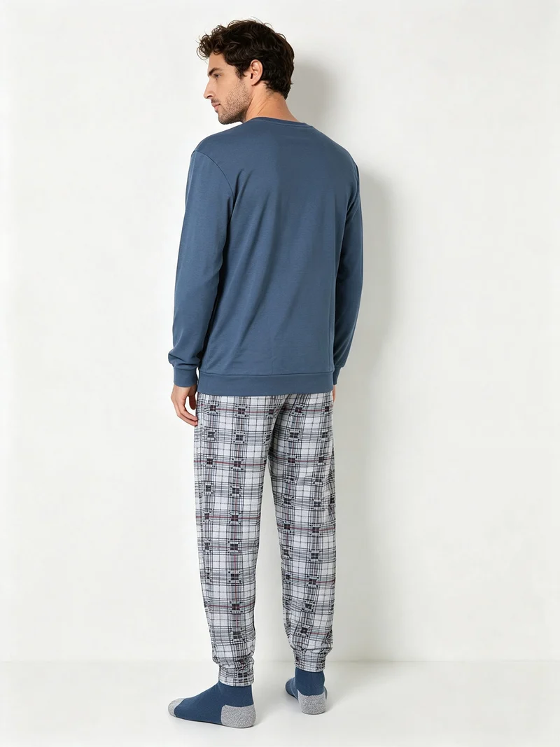 Pigiama lungo da uomo in cotone con pantaloni a quadri e calze incluse - ottanio