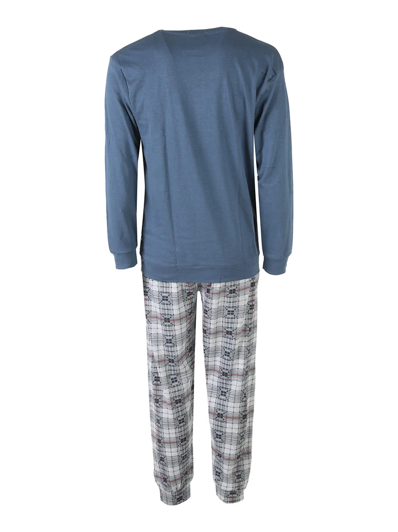 Pigiama lungo da uomo in cotone con pantaloni a quadri e calze incluse - ottanio