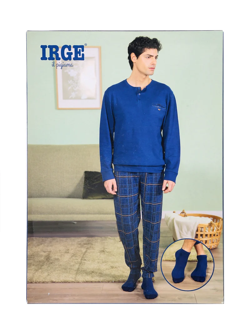 Pigiama lungo da uomo in cotone con pantaloni a quadri e calze incluse - ottanio