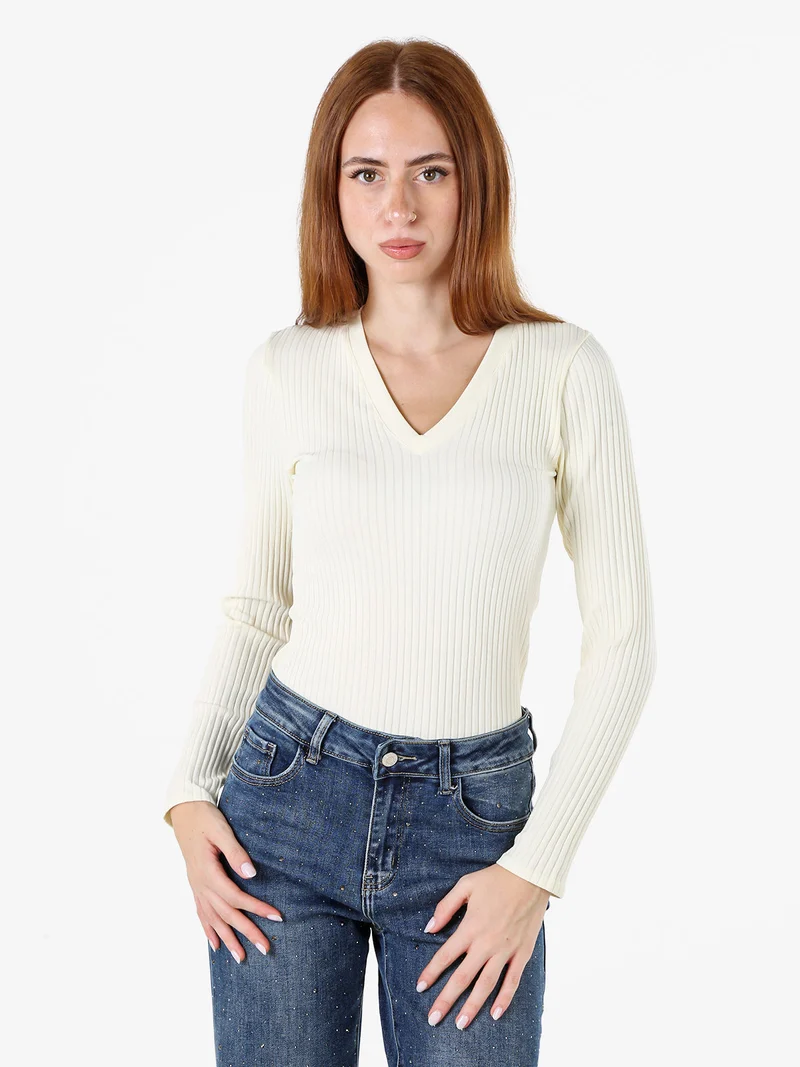 Maglia donna a coste con maniche lunghe e scollo a V - panna