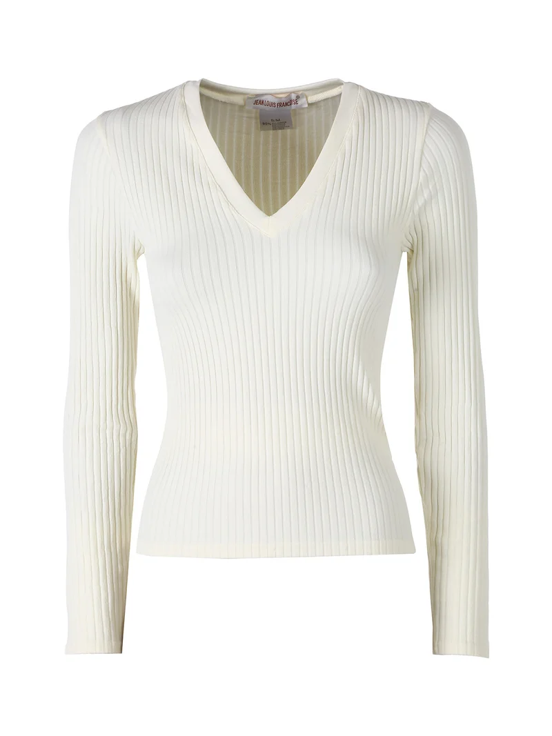 Maglia donna a coste con maniche lunghe e scollo a V - panna