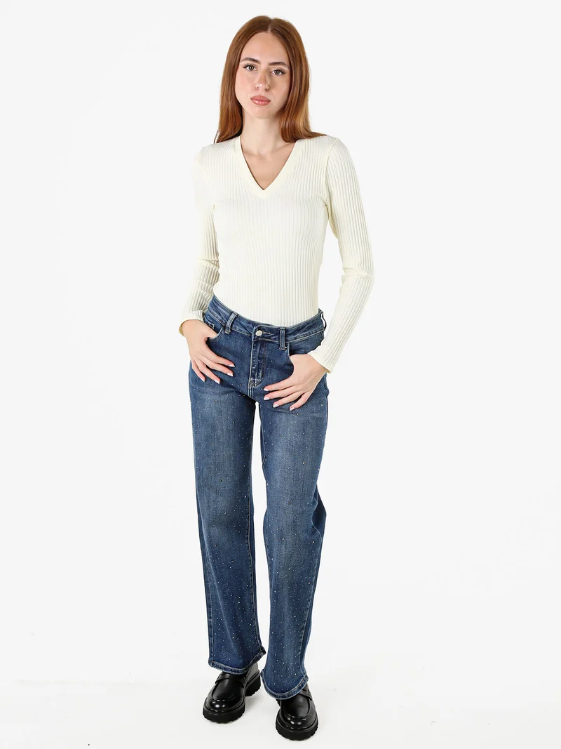 Maglia donna a coste con maniche lunghe e scollo a V - panna