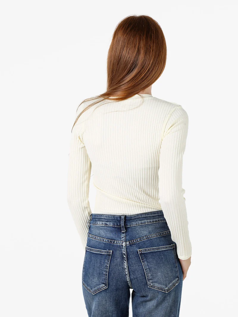 Maglia donna a coste con maniche lunghe e scollo a V - panna