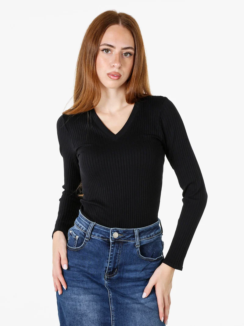Maglia donna a coste con maniche lunghe e scollo a V - nero
