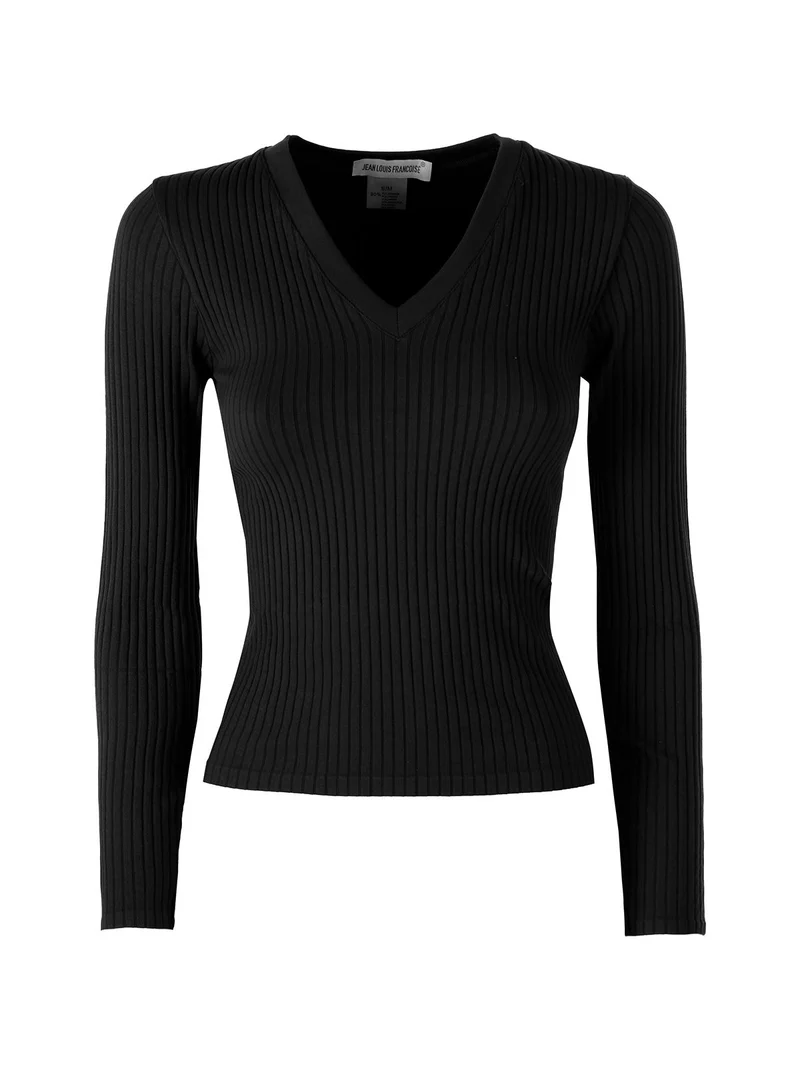 Maglia donna a coste con maniche lunghe e scollo a V - nero