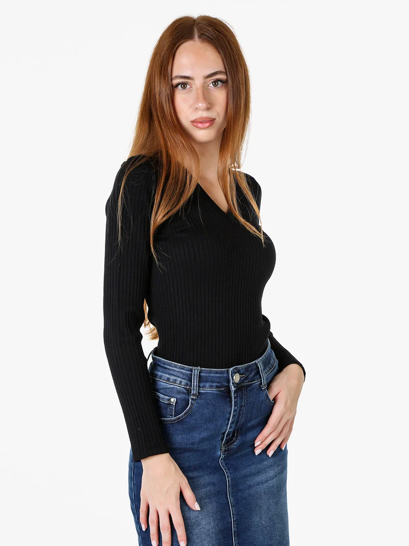 Maglia donna a coste con maniche lunghe e scollo a V - nero