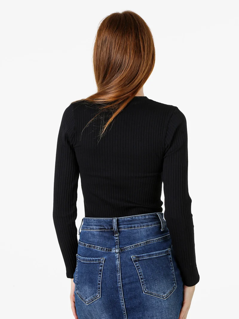 Maglia donna a coste con maniche lunghe e scollo a V - nero