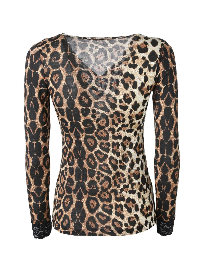 T-shirt donna animalier con maniche lunghe e scollo a V con dettagli in pizzo - cammello