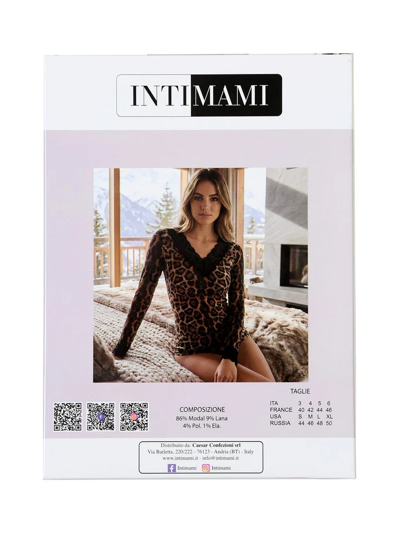T-shirt donna animalier con maniche lunghe e scollo a V con dettagli in pizzo - cammello