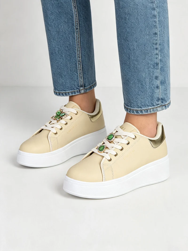 Sneakers donna gioiello in ecopelle con platform - beige