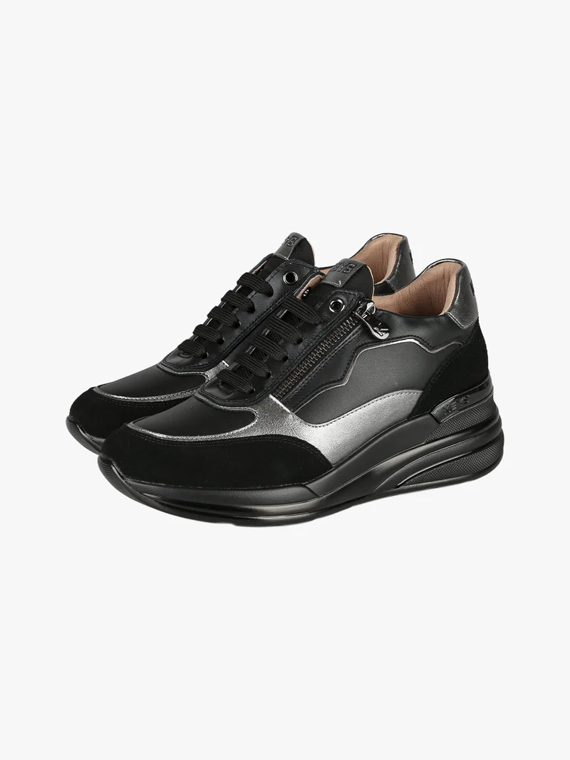 Sneakers donna in pelle con zeppa - nero