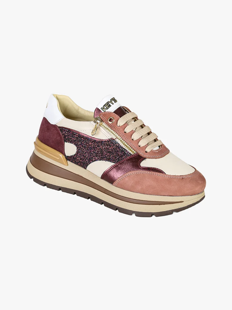 Sneakers donna in pelle multicolore con zeppa - bordeaux