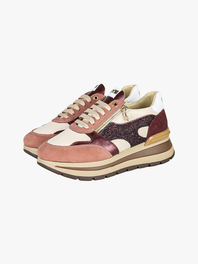 Sneakers donna in pelle multicolore con zeppa - bordeaux