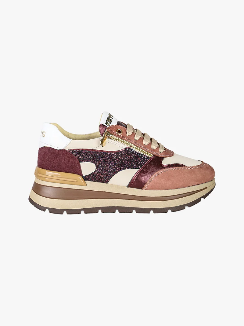 Sneakers donna in pelle multicolore con zeppa - bordeaux