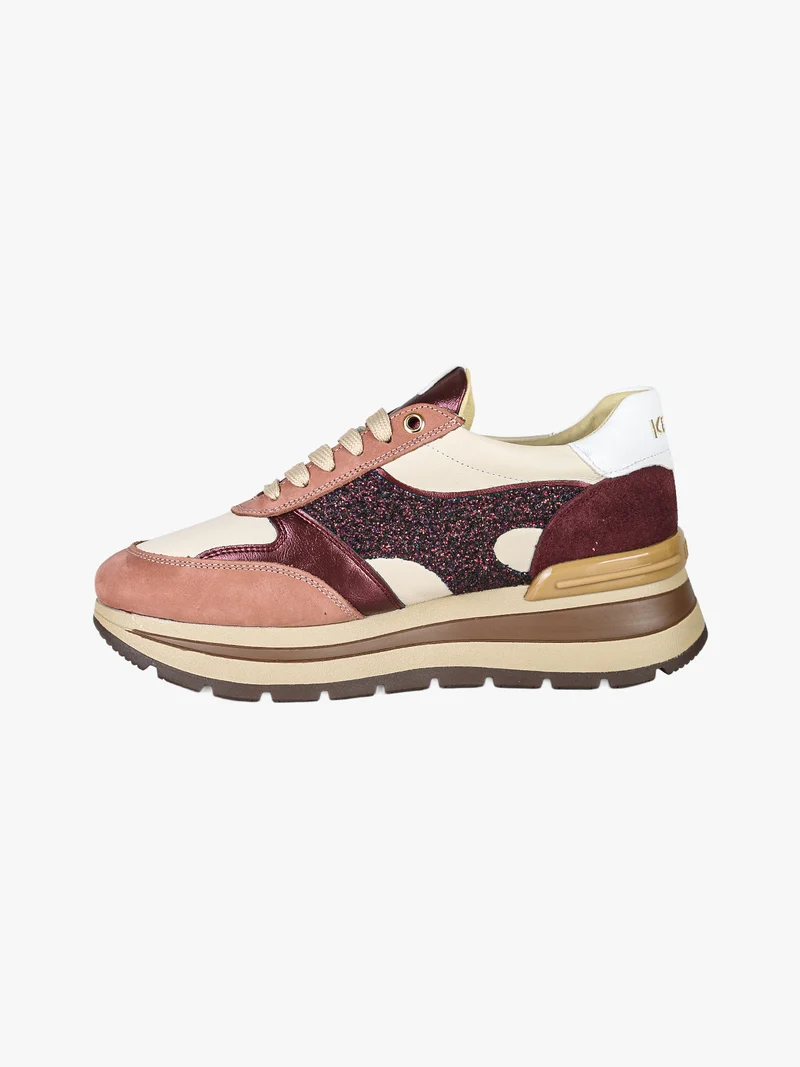 Sneakers donna in pelle multicolore con zeppa - bordeaux