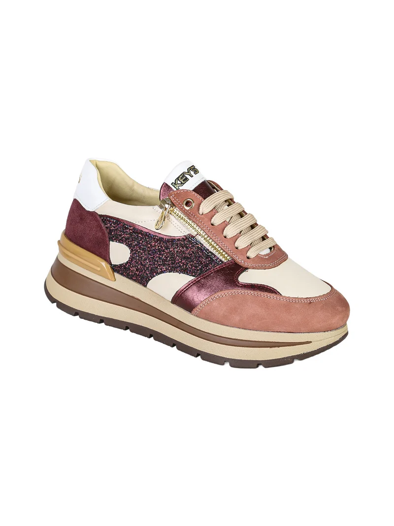 Sneakers donna in pelle multicolore con zeppa - bordeaux