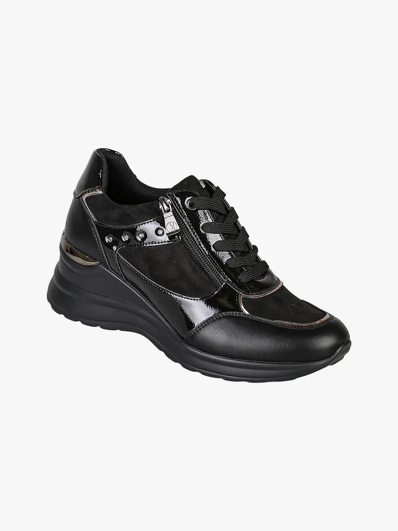 Sneakers donna con zeppa lacci e zip - nero