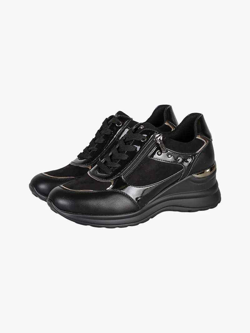 Sneakers donna con zeppa lacci e zip - nero