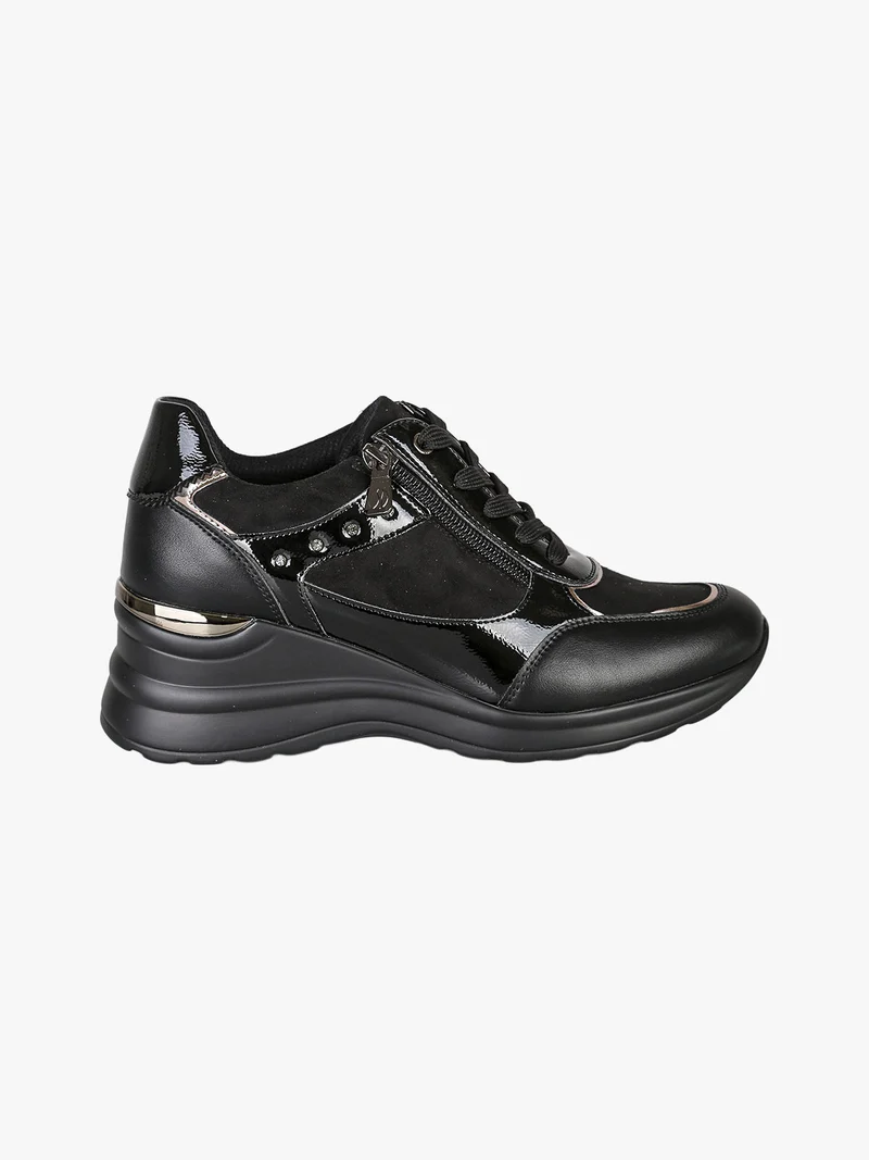 Sneakers donna con zeppa lacci e zip - nero