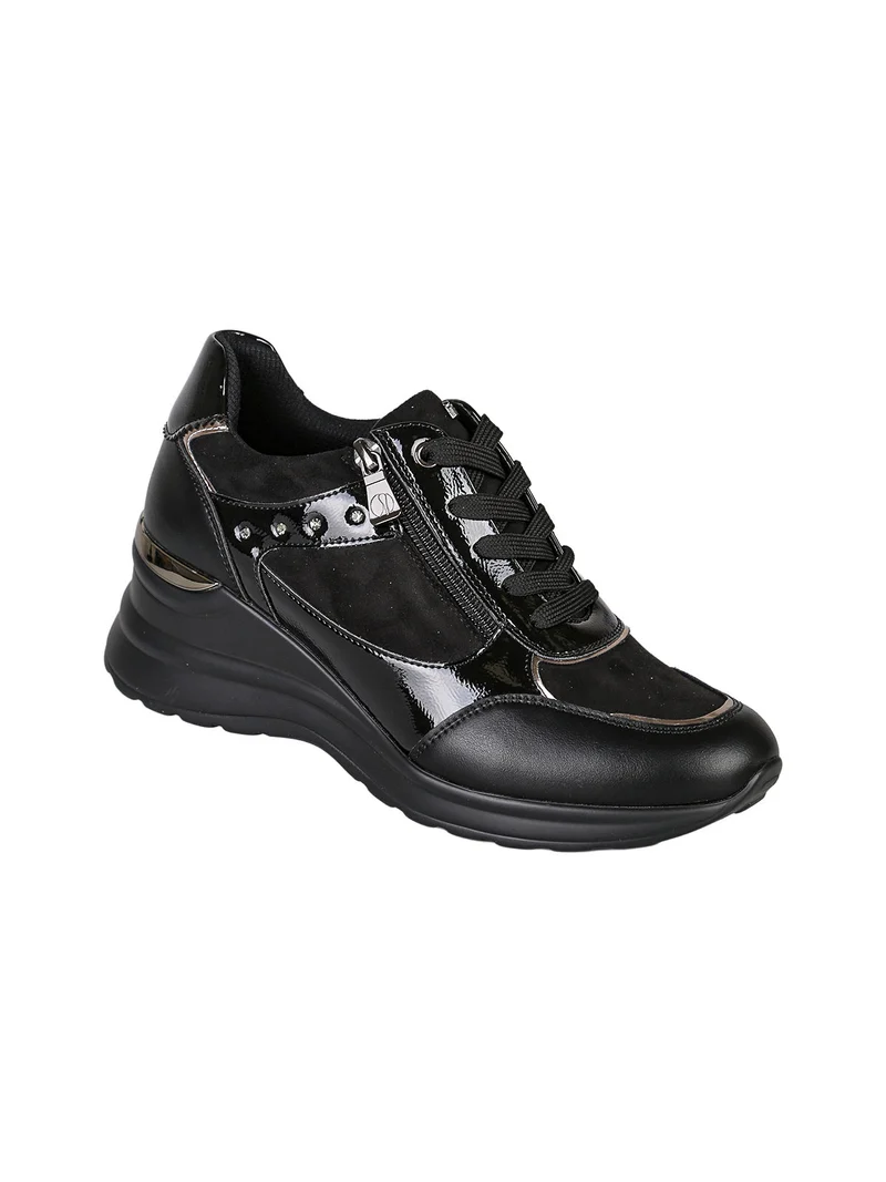 Sneakers donna con zeppa lacci e zip - nero