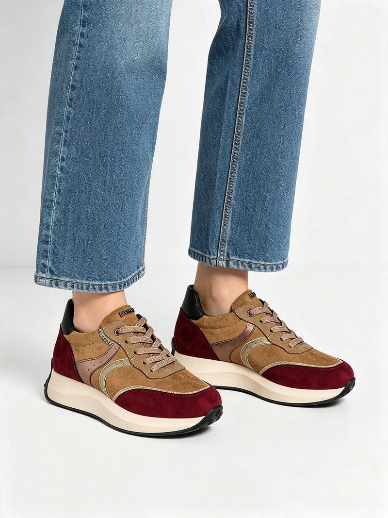 Sneakers donna stringata multicolore con platform - cammello