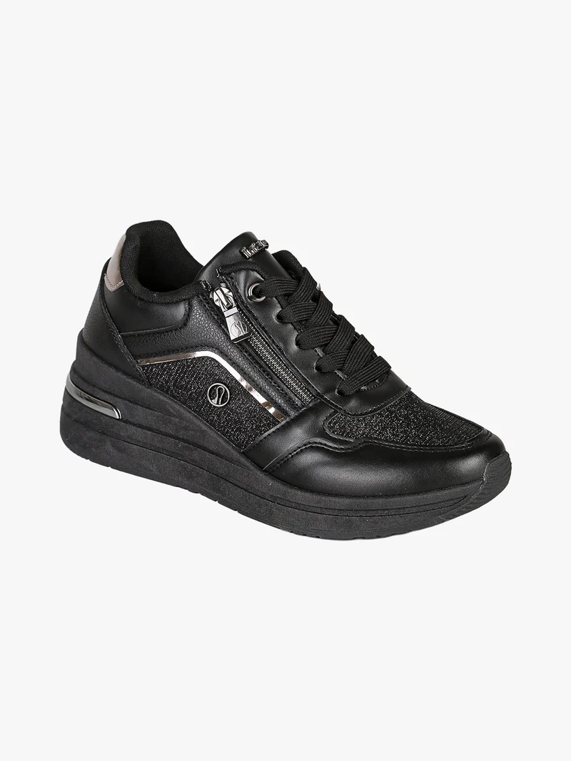 Sneakers donna in ecopelle con zeppa e dettagli brillantinati - nero