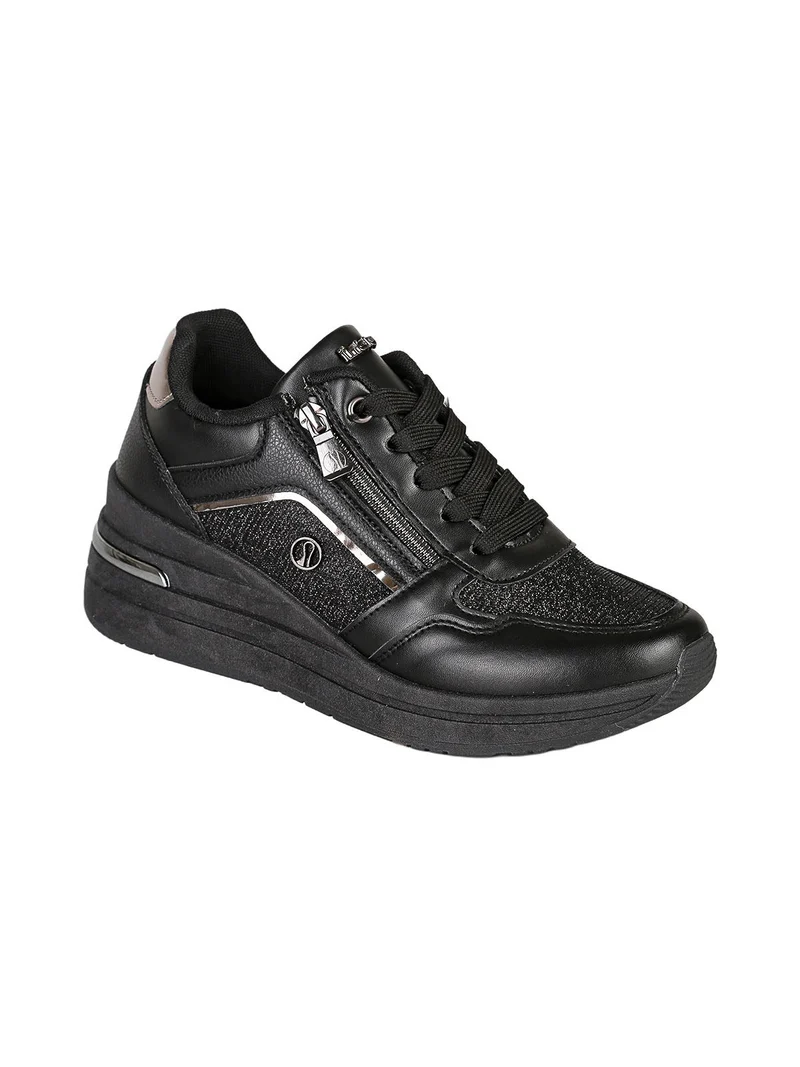 Sneakers donna in ecopelle con zeppa e dettagli brillantinati - nero
