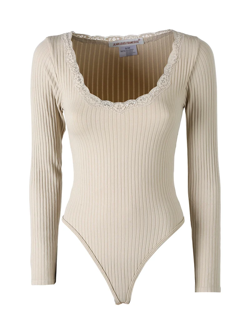 Top body da donna in maglia con maniche lunghe e scollo di pizzo - beige