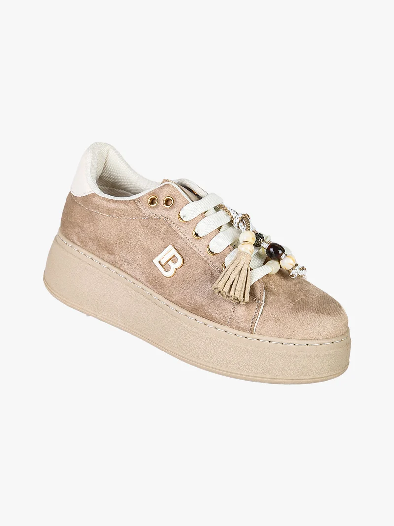 Sneakers donna in tessuto scamosciato con platform - beige