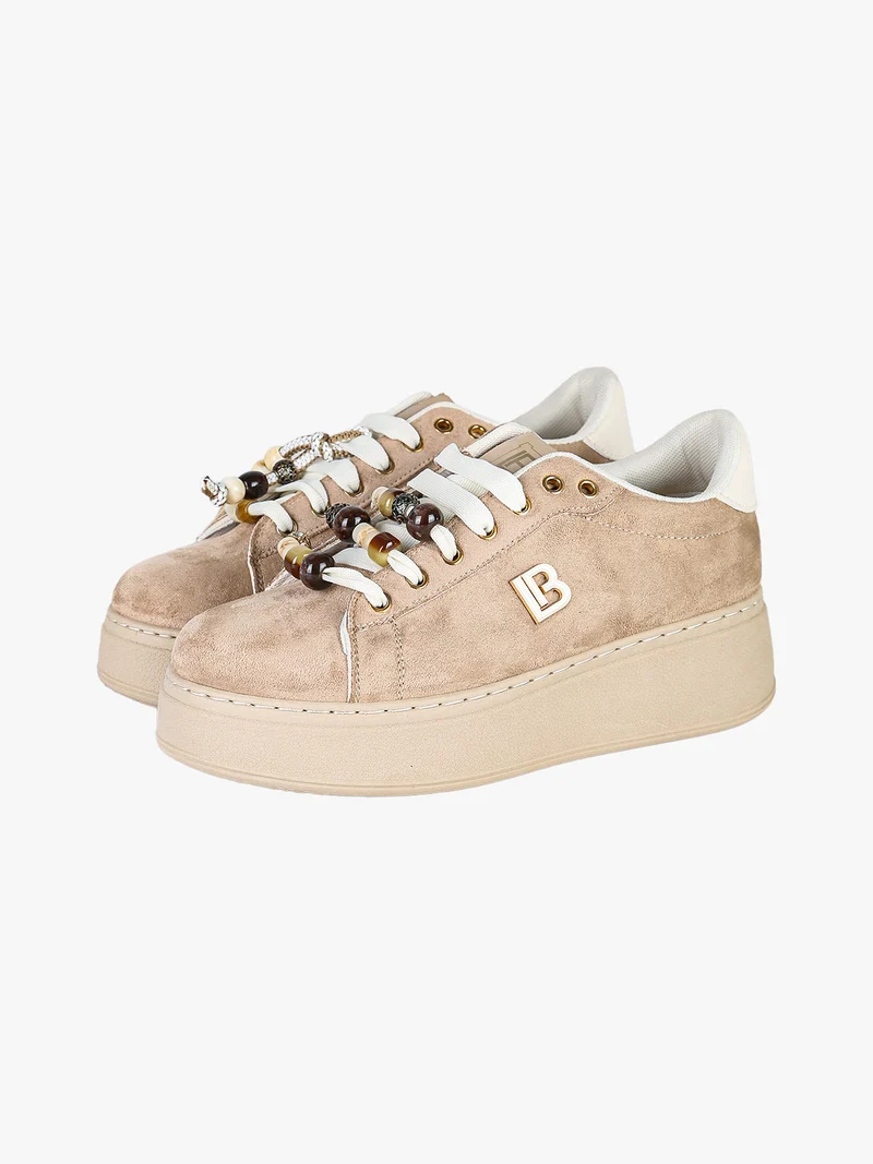 Sneakers donna in tessuto scamosciato con platform - beige