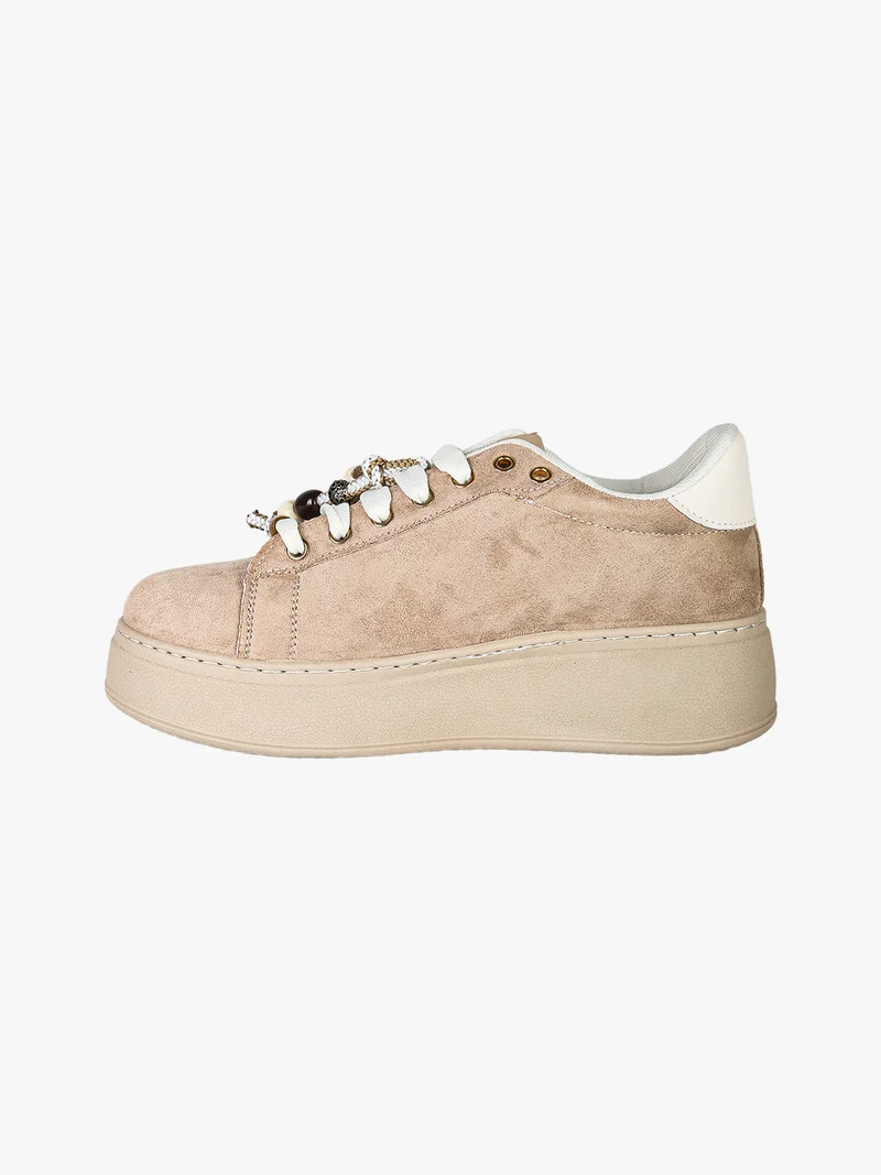 Sneakers donna in tessuto scamosciato con platform - beige
