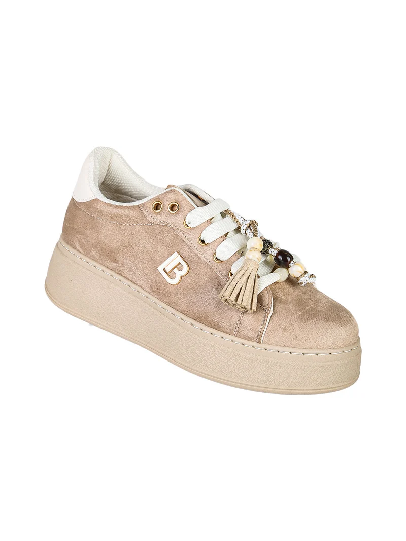 Sneakers donna in tessuto scamosciato con platform - beige