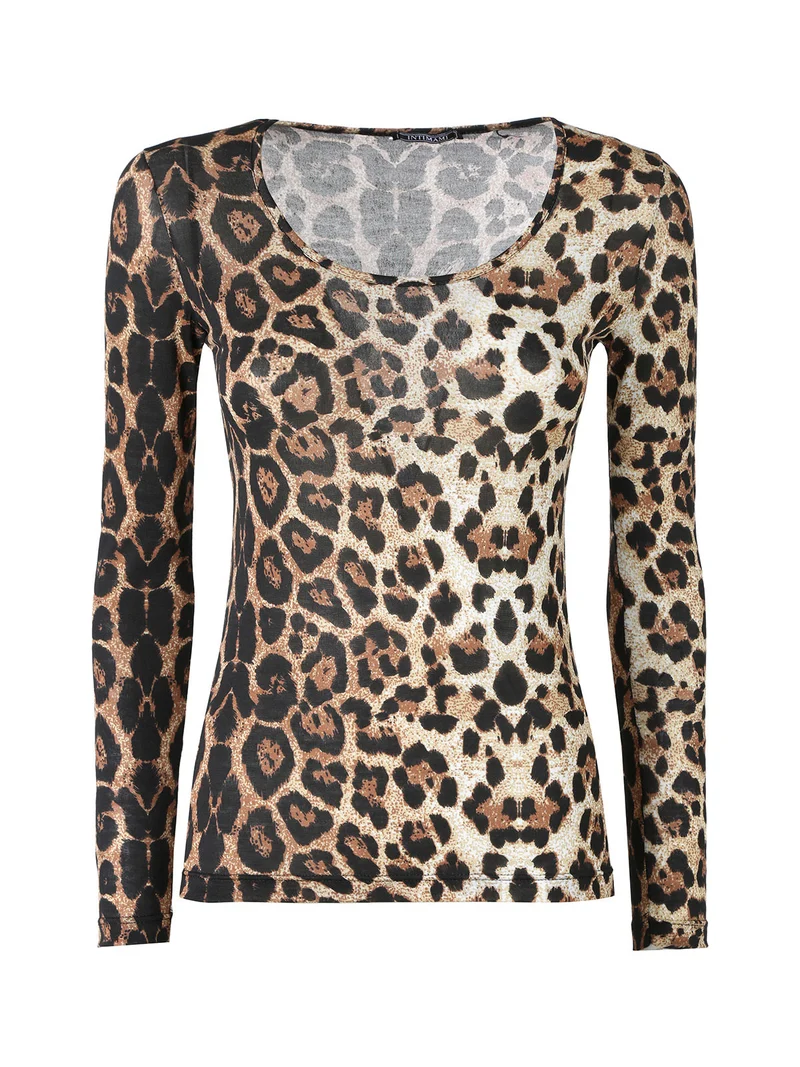 T-shirt donna maculata a maniche lunghe - cammello