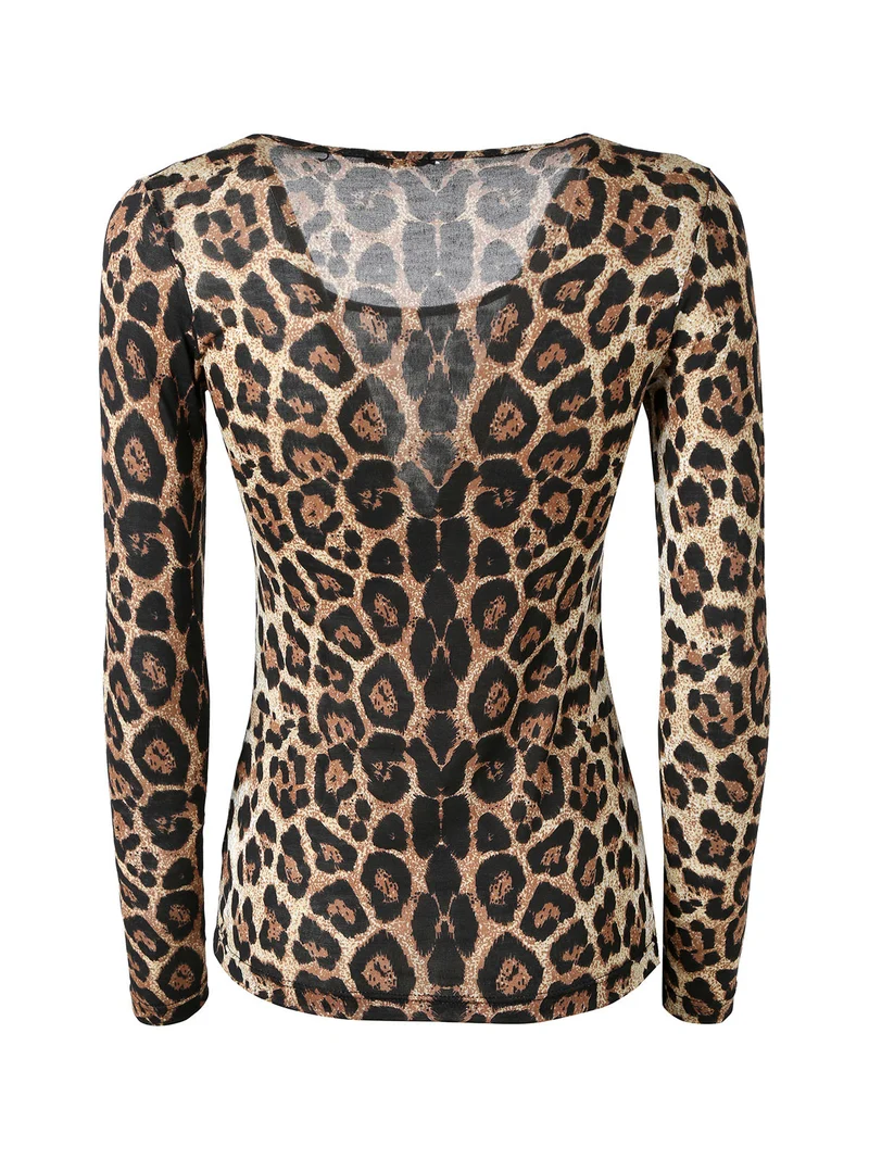 T-shirt donna maculata a maniche lunghe - cammello