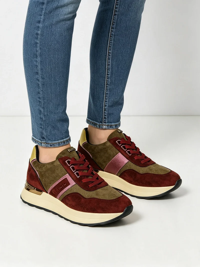 Sneakers donna in tessuto scamosciato con platform e dettaglio animalier - bordeaux