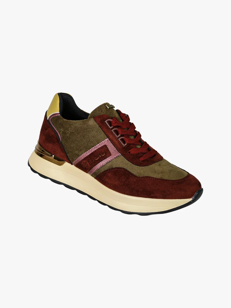 Sneakers donna in tessuto scamosciato con platform e dettaglio animalier - bordeaux