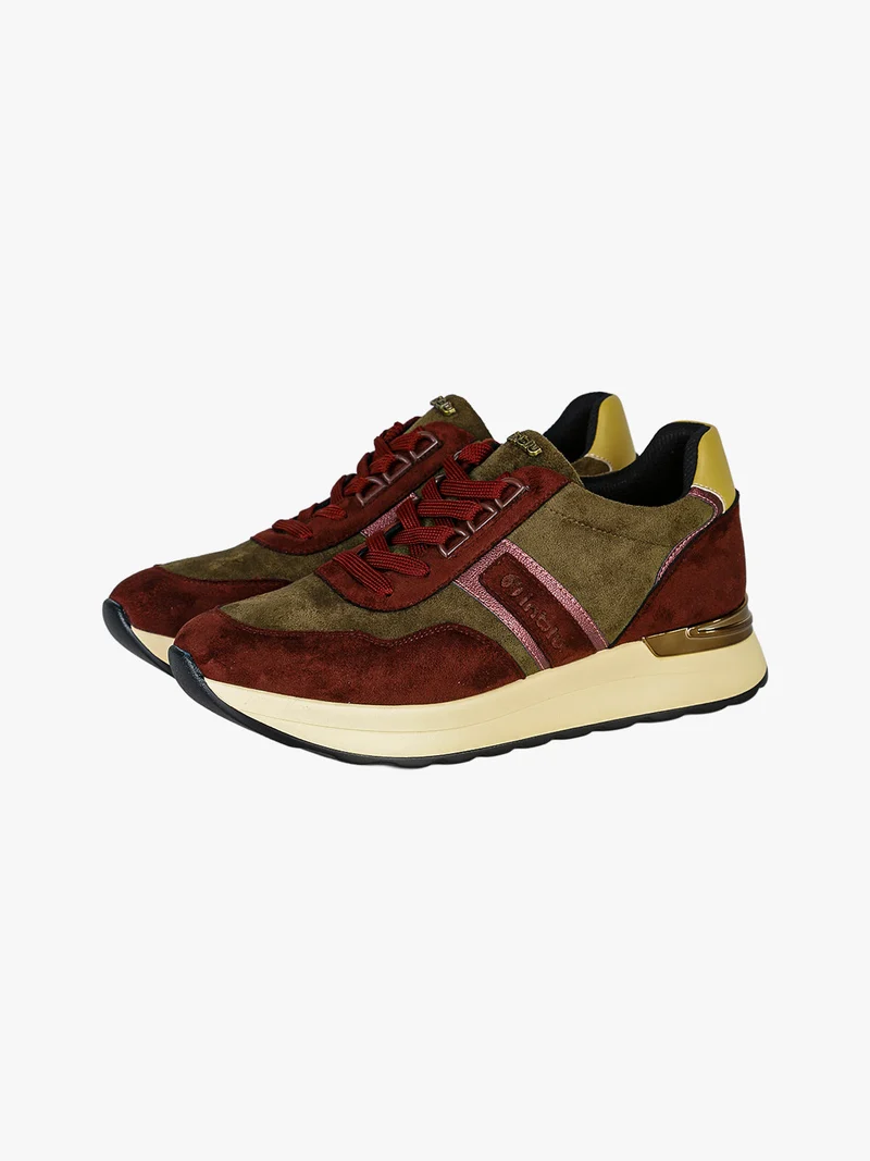 Sneakers donna in tessuto scamosciato con platform e dettaglio animalier - bordeaux