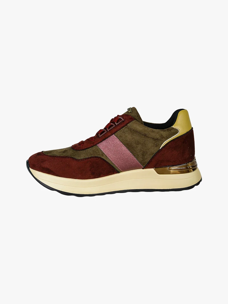 Sneakers donna in tessuto scamosciato con platform e dettaglio animalier - bordeaux