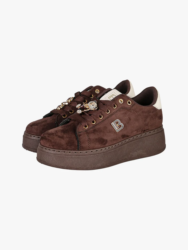 Sneakers donna gioiello in tessuto scamosciato con platform - moro