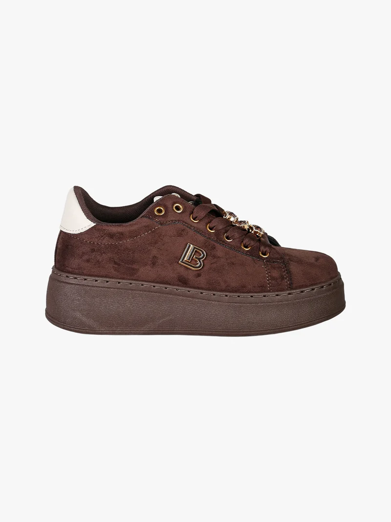 Sneakers donna gioiello in tessuto scamosciato con platform - moro