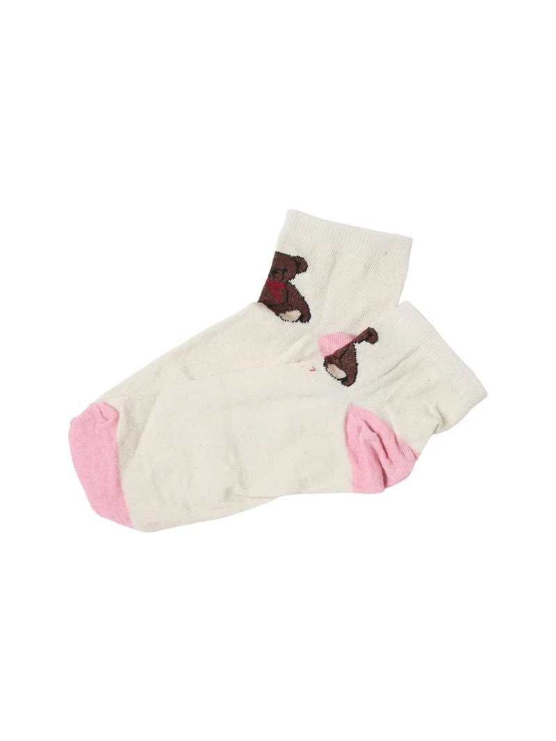 Pigiama lungo da donna aperto in cotone con stampa orsacchiotti e calzine incluse - panna