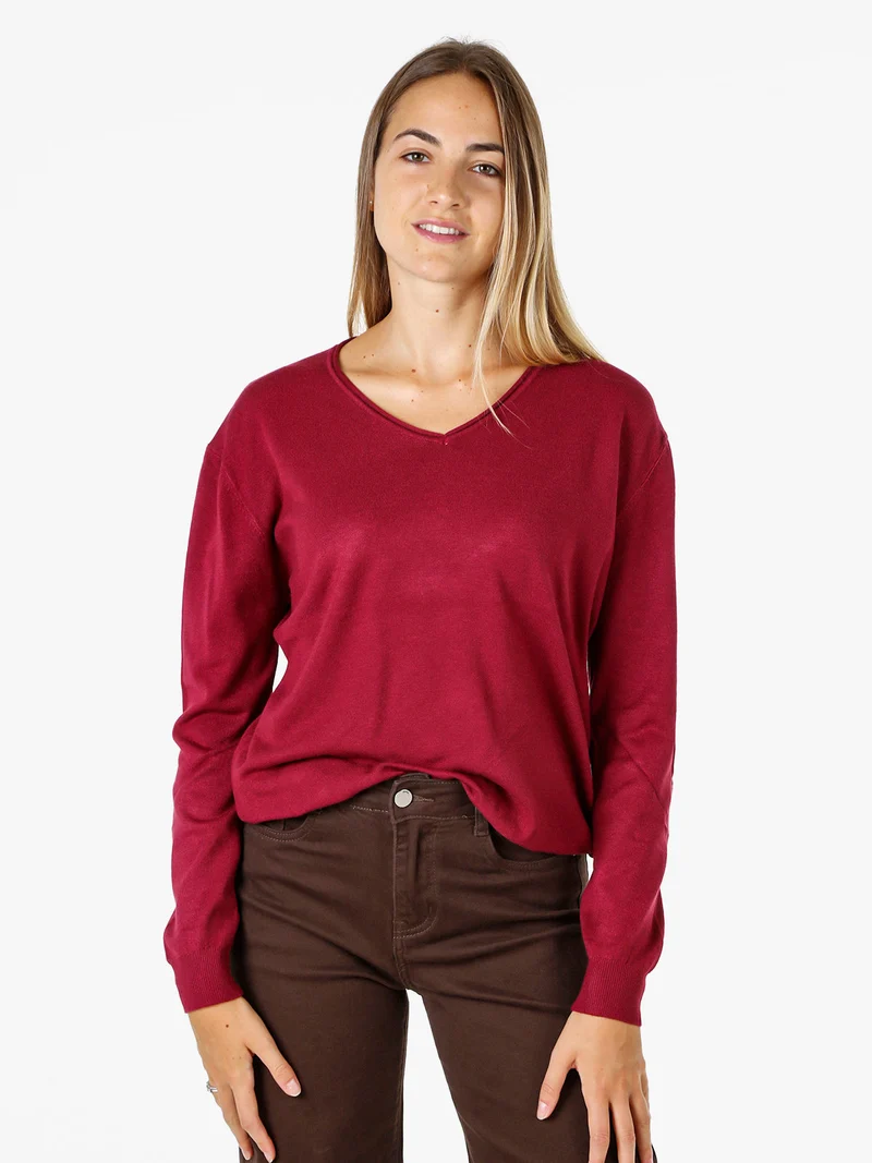 Pullover donna in maglia con scollo V - bordeaux