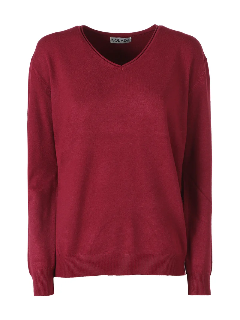 Pullover donna in maglia con scollo V - bordeaux