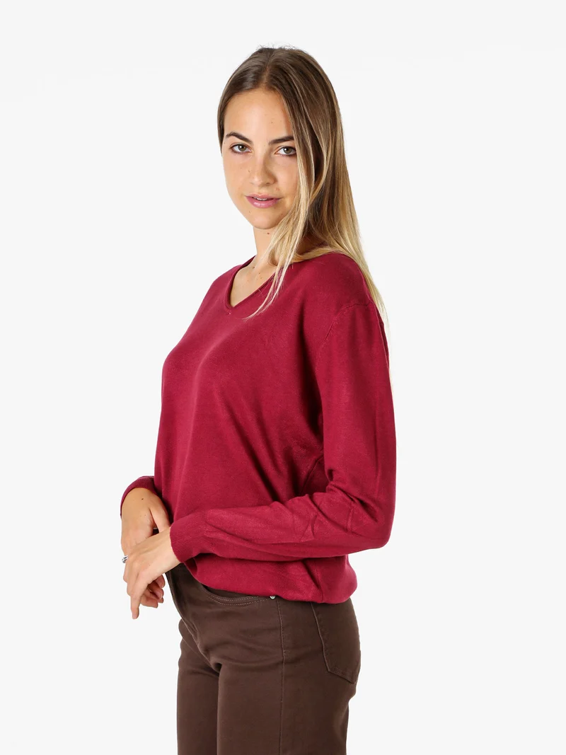Pullover donna in maglia con scollo V - bordeaux