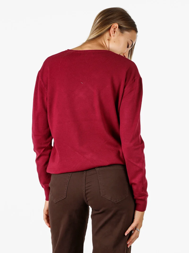 Pullover donna in maglia con scollo V - bordeaux